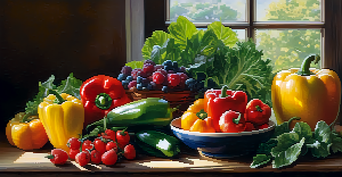 An assortment of fresh raw fruits and vegetables on a wooden table, highlighted by soft natural light.