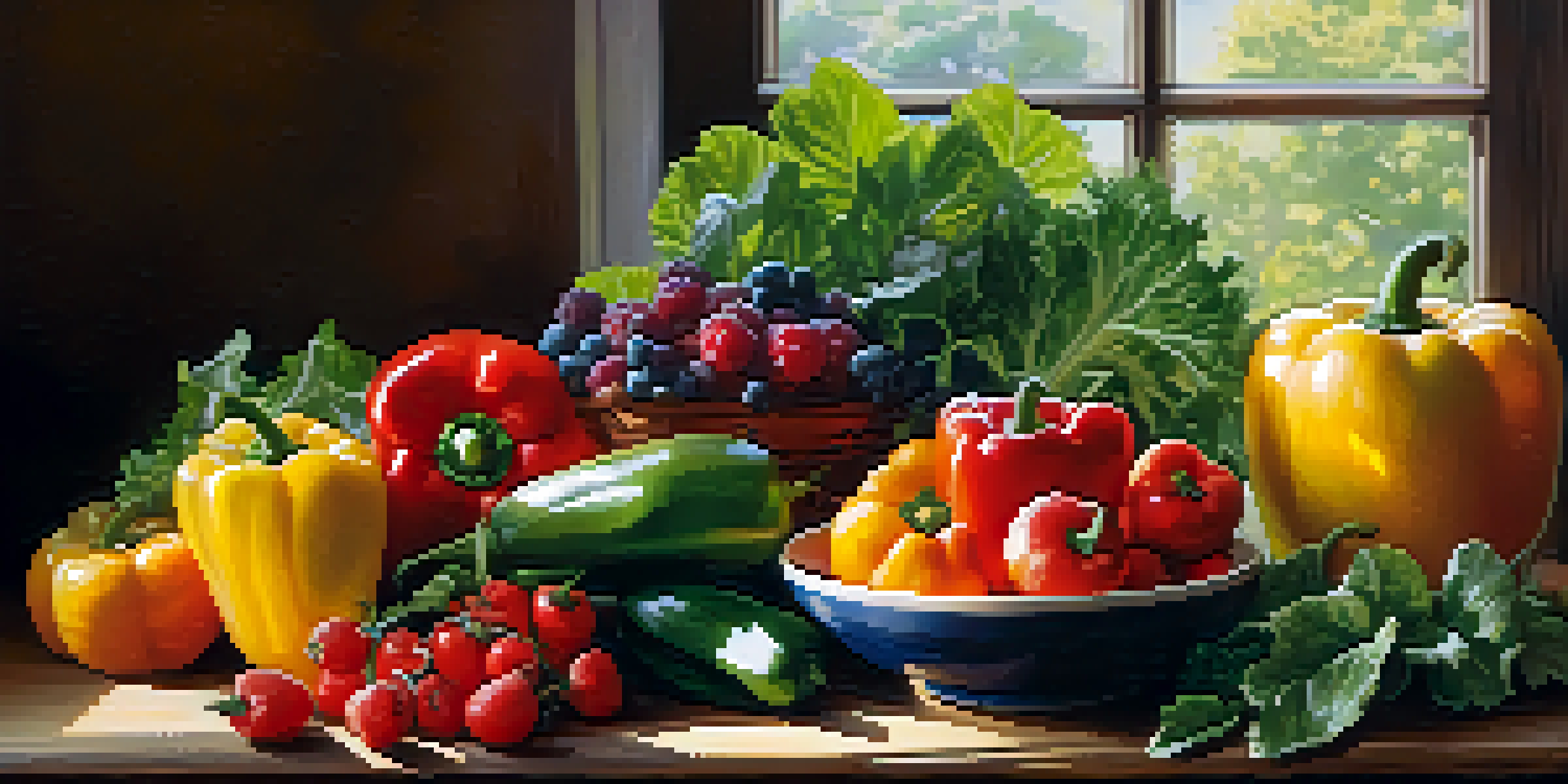 An assortment of fresh raw fruits and vegetables on a wooden table, highlighted by soft natural light.