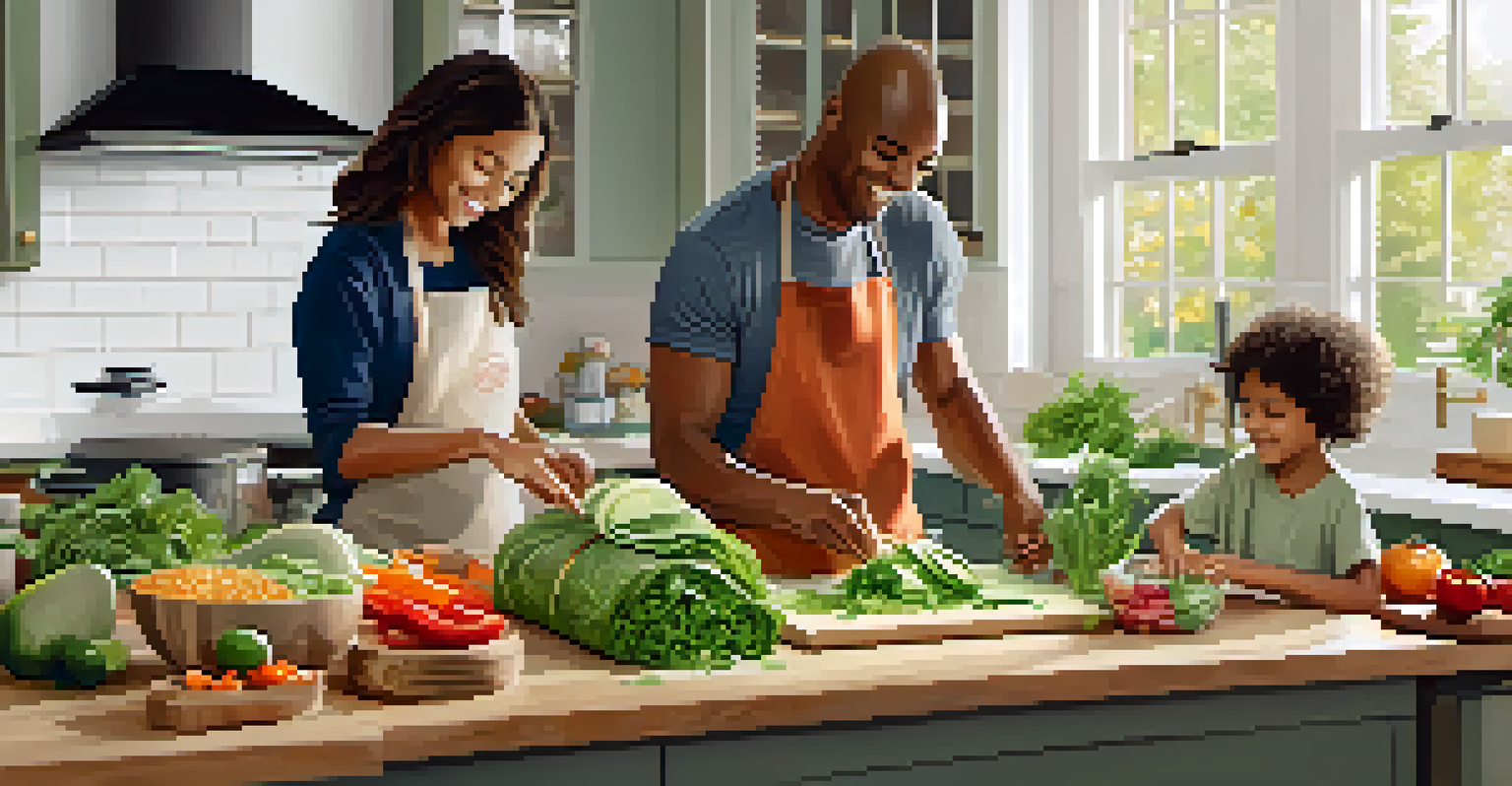 A family in a kitchen making raw veggie wraps with fresh vegetables and happy children customizing their meals.