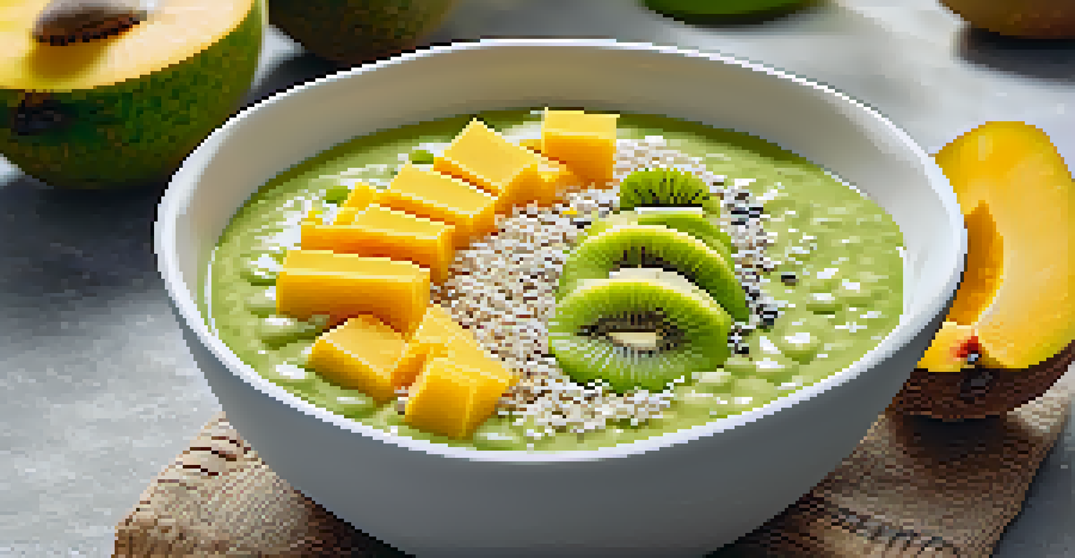 A tropical smoothie bowl with a mango and banana base, topped with kiwi slices, coconut, and chia seeds, set against a tropical backdrop.