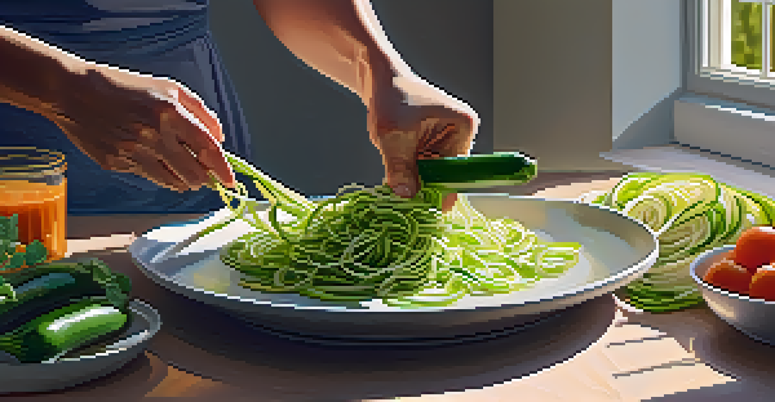 A close-up of hands using a spiralizer to make zucchini noodles, surrounded by vibrant vegetables on a kitchen counter with sunlight streaming in.