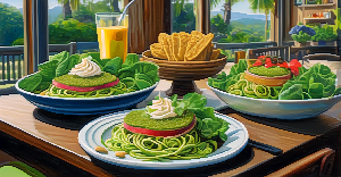 A table in a raw food restaurant showcasing colorful dishes including zucchini noodles, walnut tacos, and cheesecake, surrounded by a warm and inviting atmosphere with plants.