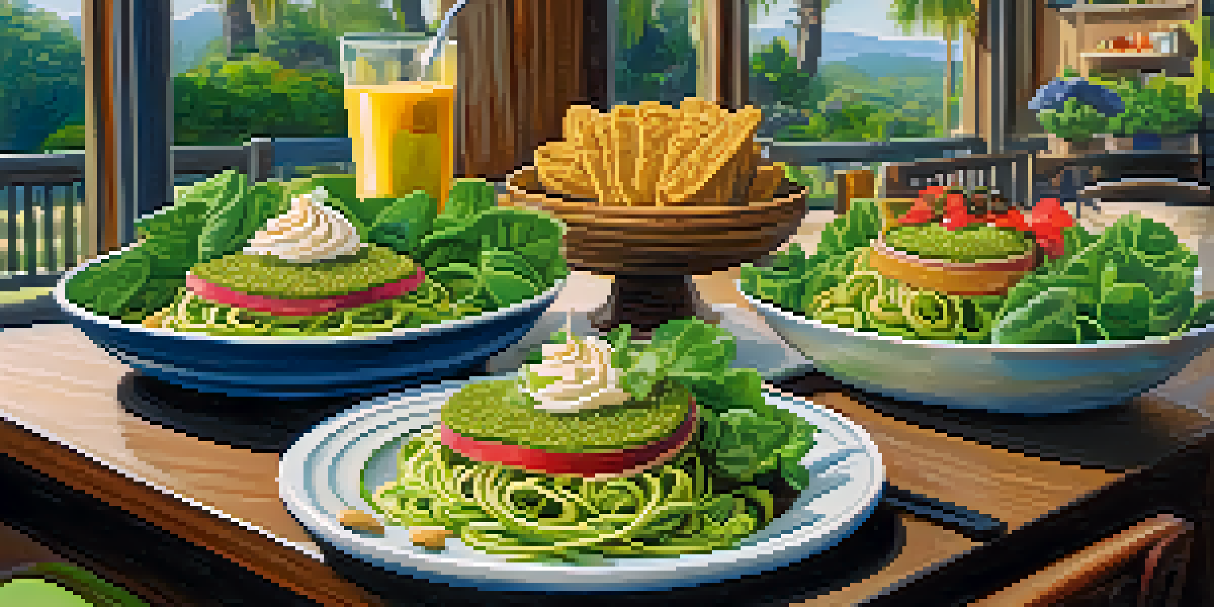 A table in a raw food restaurant showcasing colorful dishes including zucchini noodles, walnut tacos, and cheesecake, surrounded by a warm and inviting atmosphere with plants.