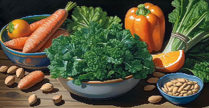 A colorful bowl filled with raw leafy greens, carrots, and almonds on a wooden table, with soft natural light enhancing the textures and colors.