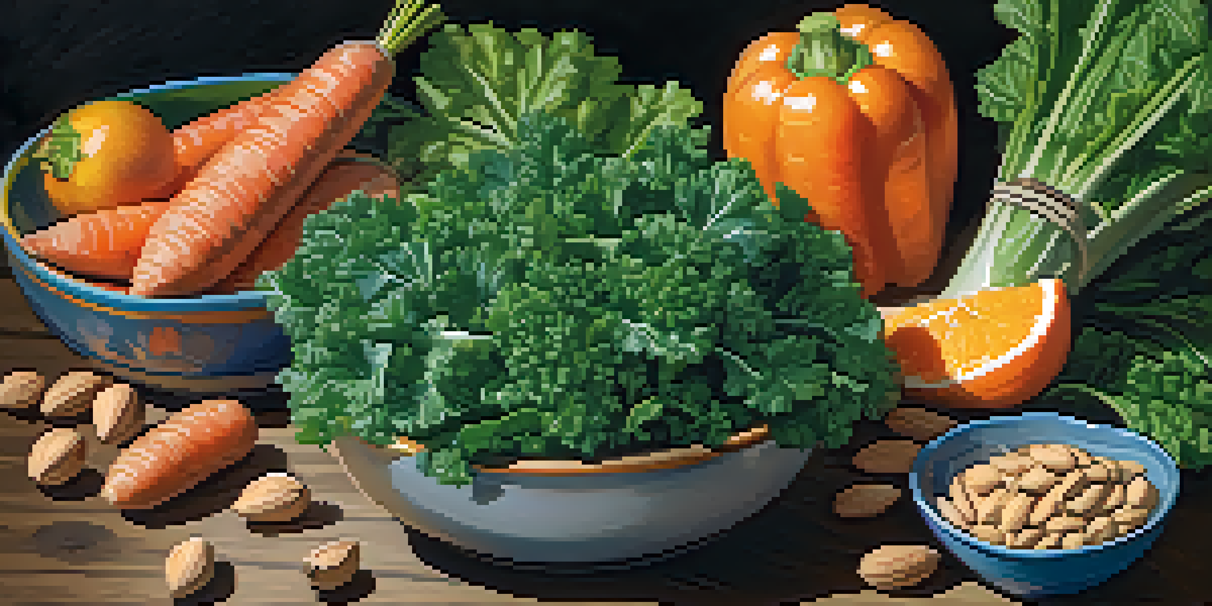 A colorful bowl filled with raw leafy greens, carrots, and almonds on a wooden table, with soft natural light enhancing the textures and colors.