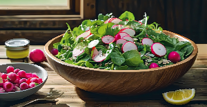 A colorful spring salad in a wooden bowl with leafy greens, radishes, cucumbers, berries, and sunflower seeds, illuminated by sunlight.