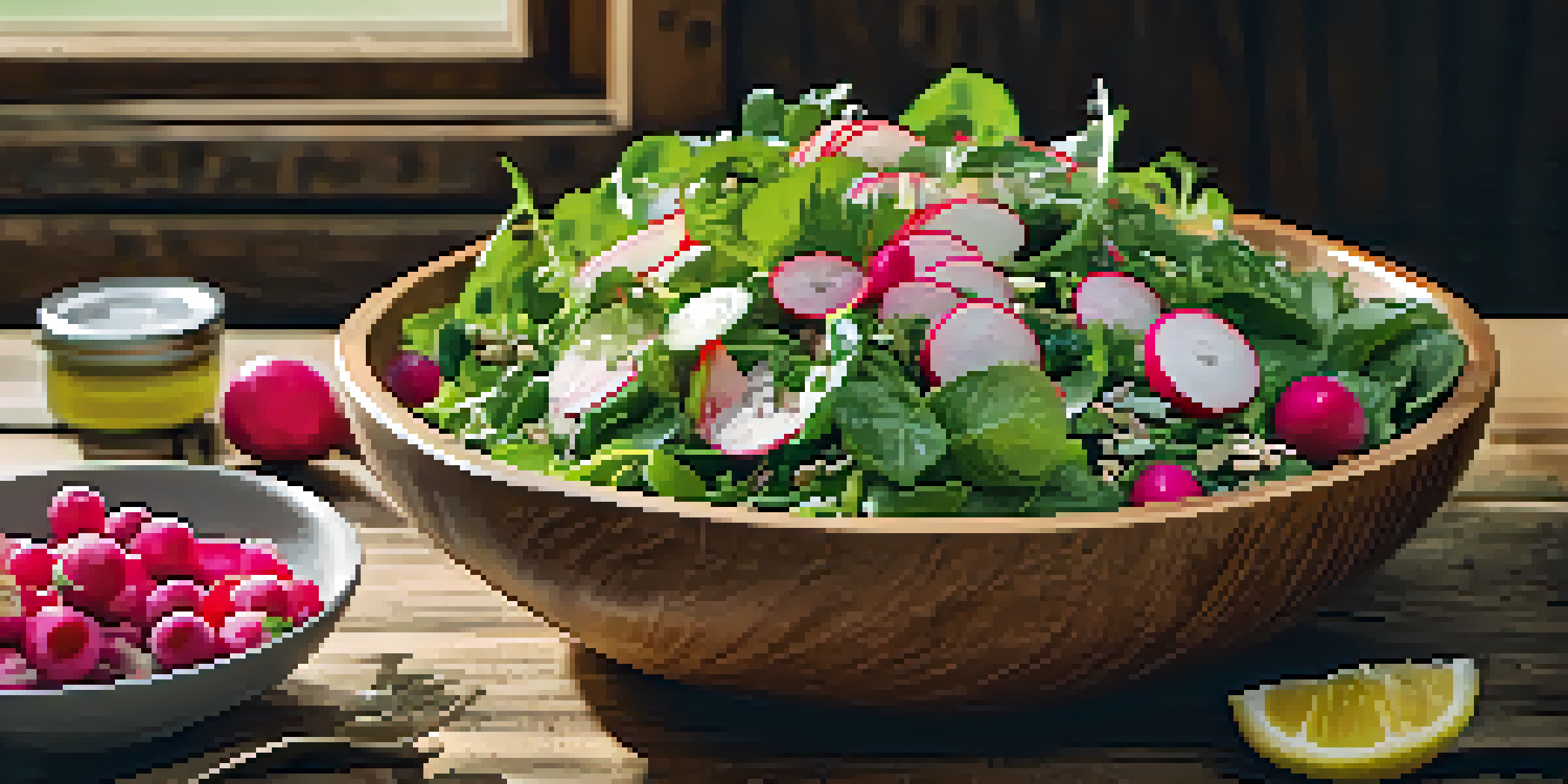 A colorful spring salad in a wooden bowl with leafy greens, radishes, cucumbers, berries, and sunflower seeds, illuminated by sunlight.