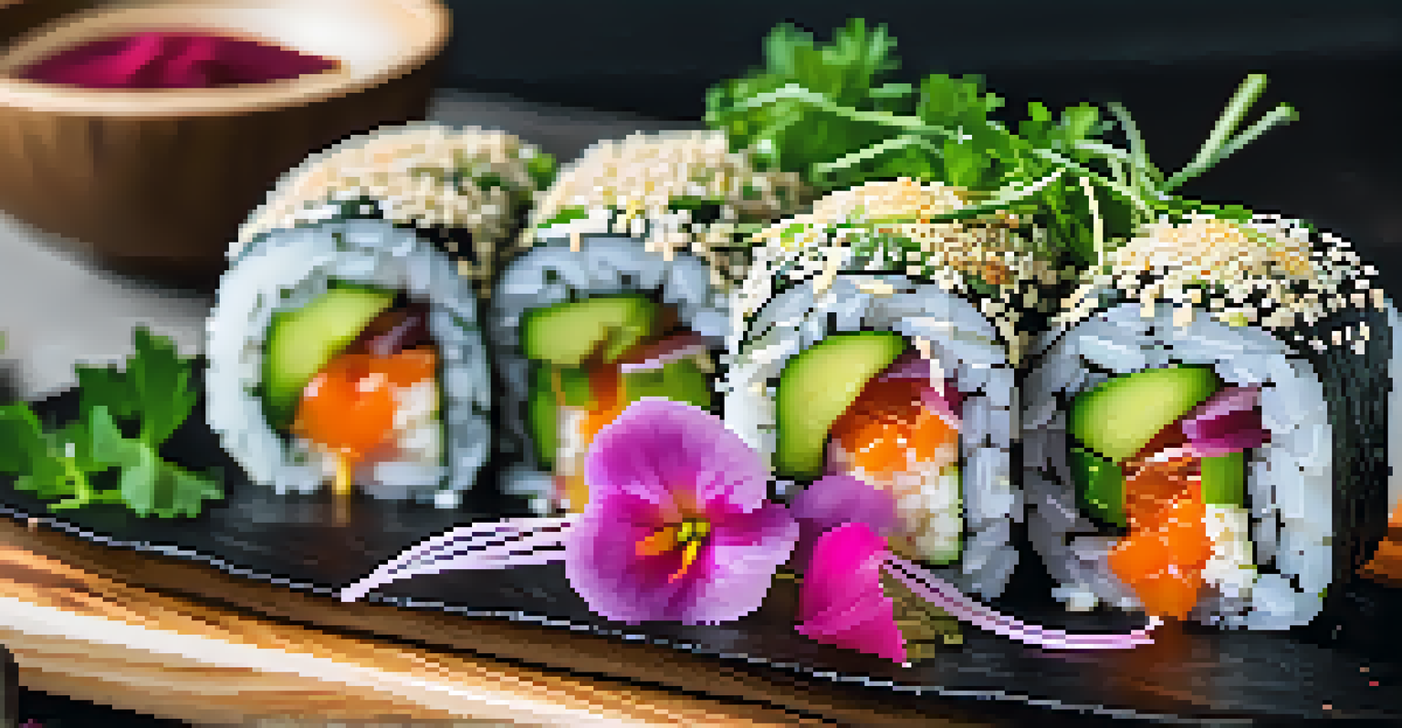 A close-up of a colorful raw vegan sushi roll made from zucchini and fresh vegetables, styled on a wooden plate with dipping sauce and garnishes.