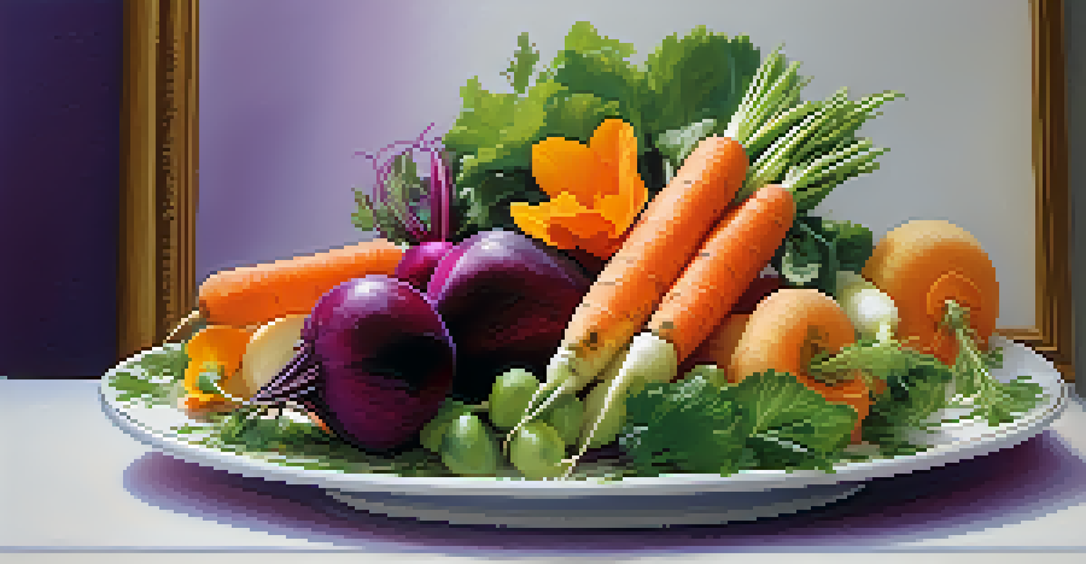 A plate of seasonal fruits and vegetables including orange carrots, purple beets, and green radishes, garnished with edible flowers.