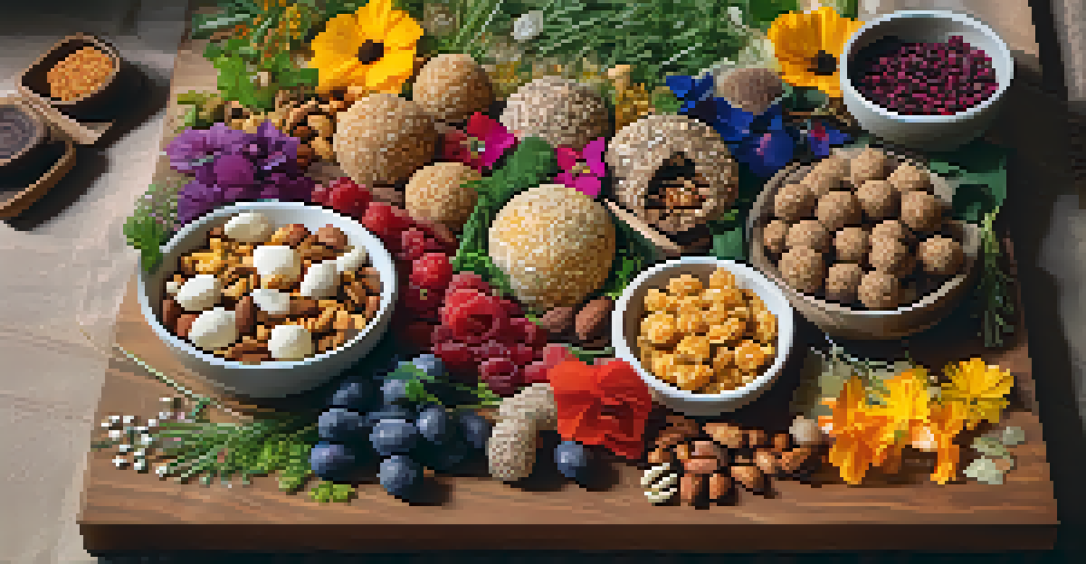 A wooden platter displaying an assortment of raw snacks, including energy balls made of nuts and seeds, garnished with fresh herbs and edible flowers.