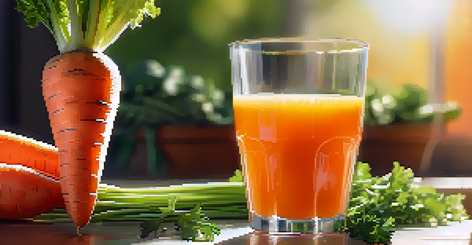 A close-up of a hand holding a glass of carrot juice with fresh carrots and greens in the background, illuminated by warm sunlight.