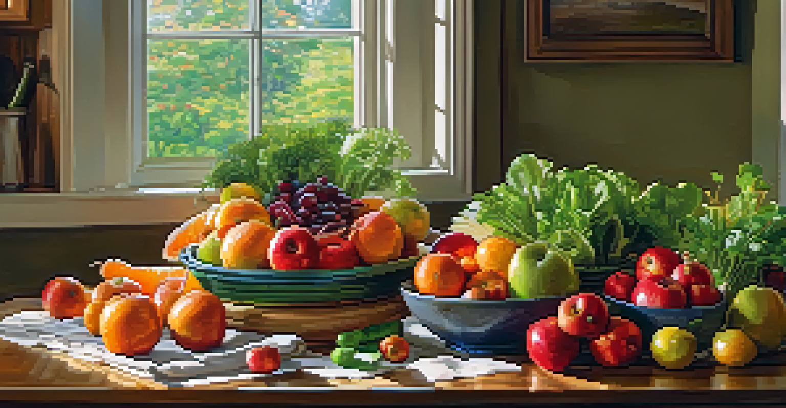 A collection of fresh raw fruits and vegetables on a wooden table, illuminated by natural sunlight.