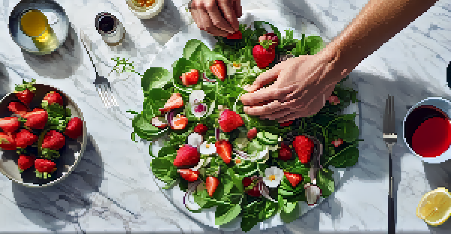 A chef's hands arranging a colorful seasonal salad with strawberries and edible flowers on a marble countertop.