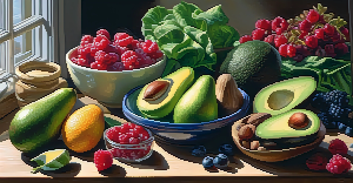 A colorful assortment of raw foods such as leafy greens, berries, and avocados on a wooden table, illuminated by soft sunlight.