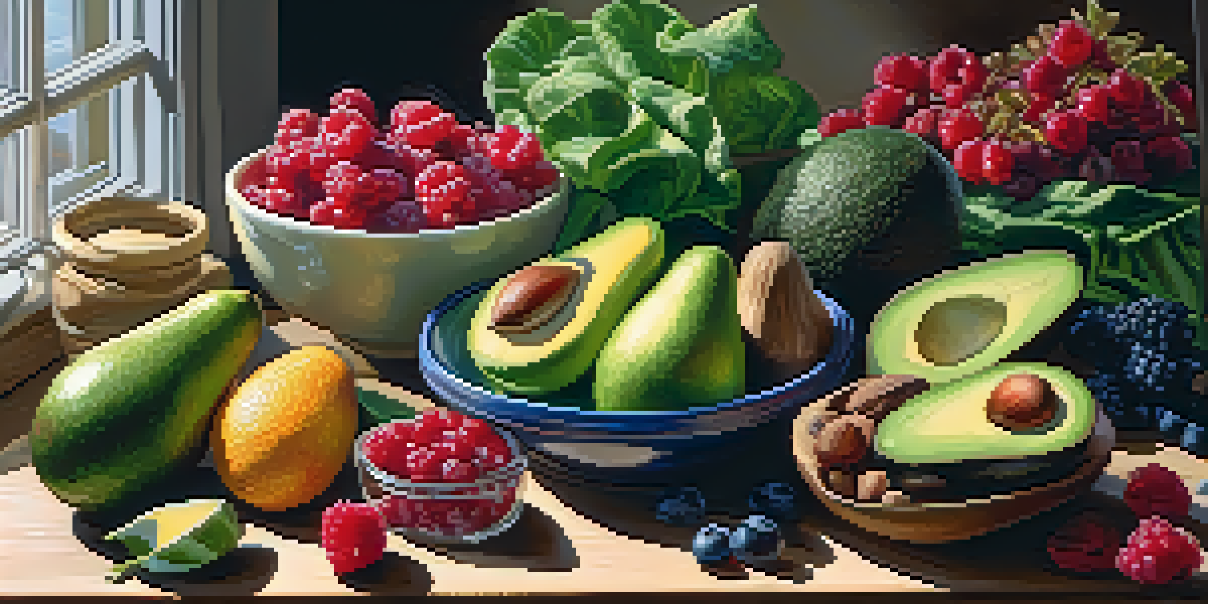 A colorful assortment of raw foods such as leafy greens, berries, and avocados on a wooden table, illuminated by soft sunlight.
