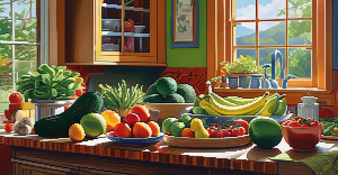 A bright kitchen with an assortment of fresh fruits and vegetables on the countertop, illuminated by sunlight.