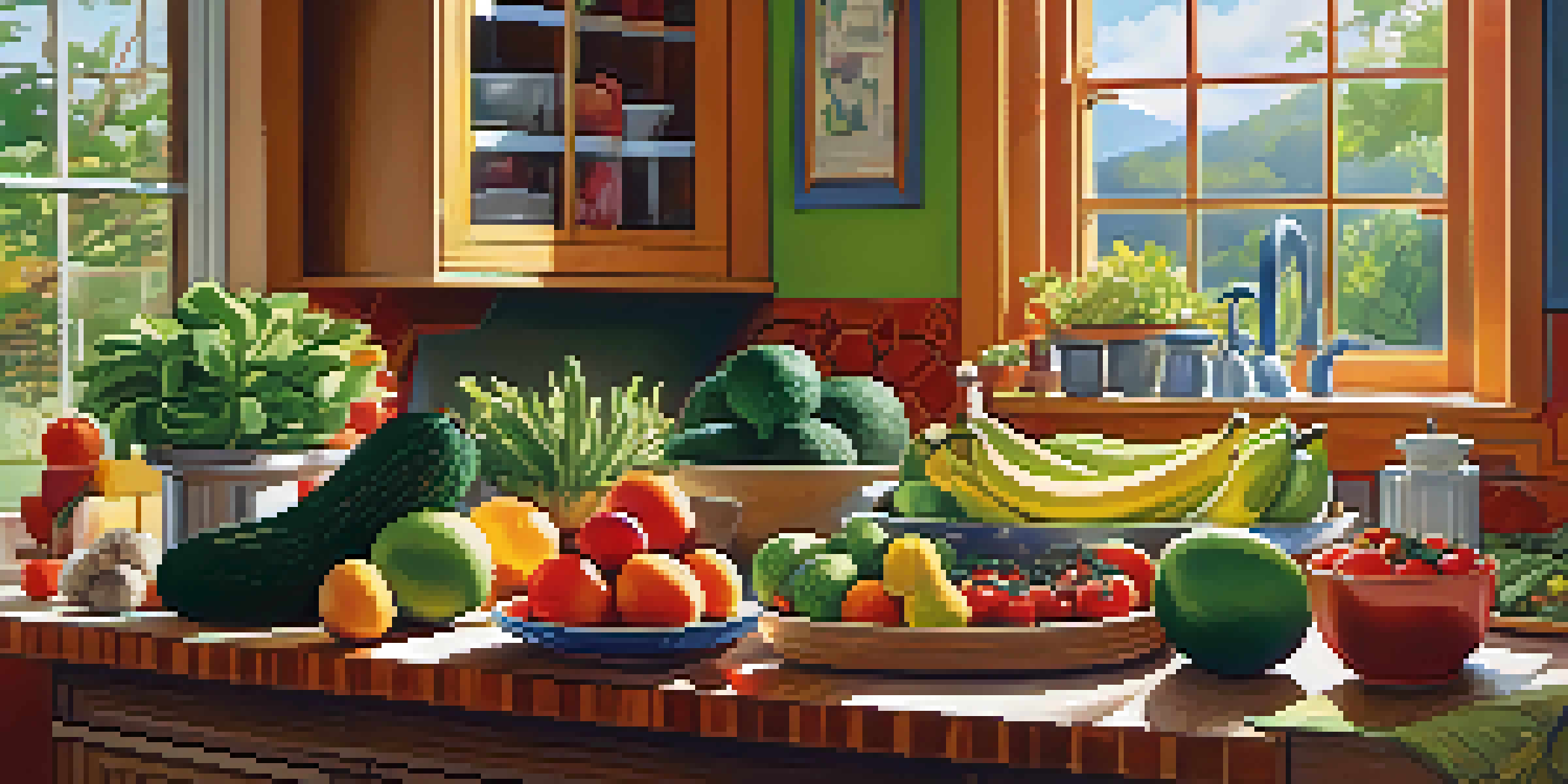 A bright kitchen with an assortment of fresh fruits and vegetables on the countertop, illuminated by sunlight.