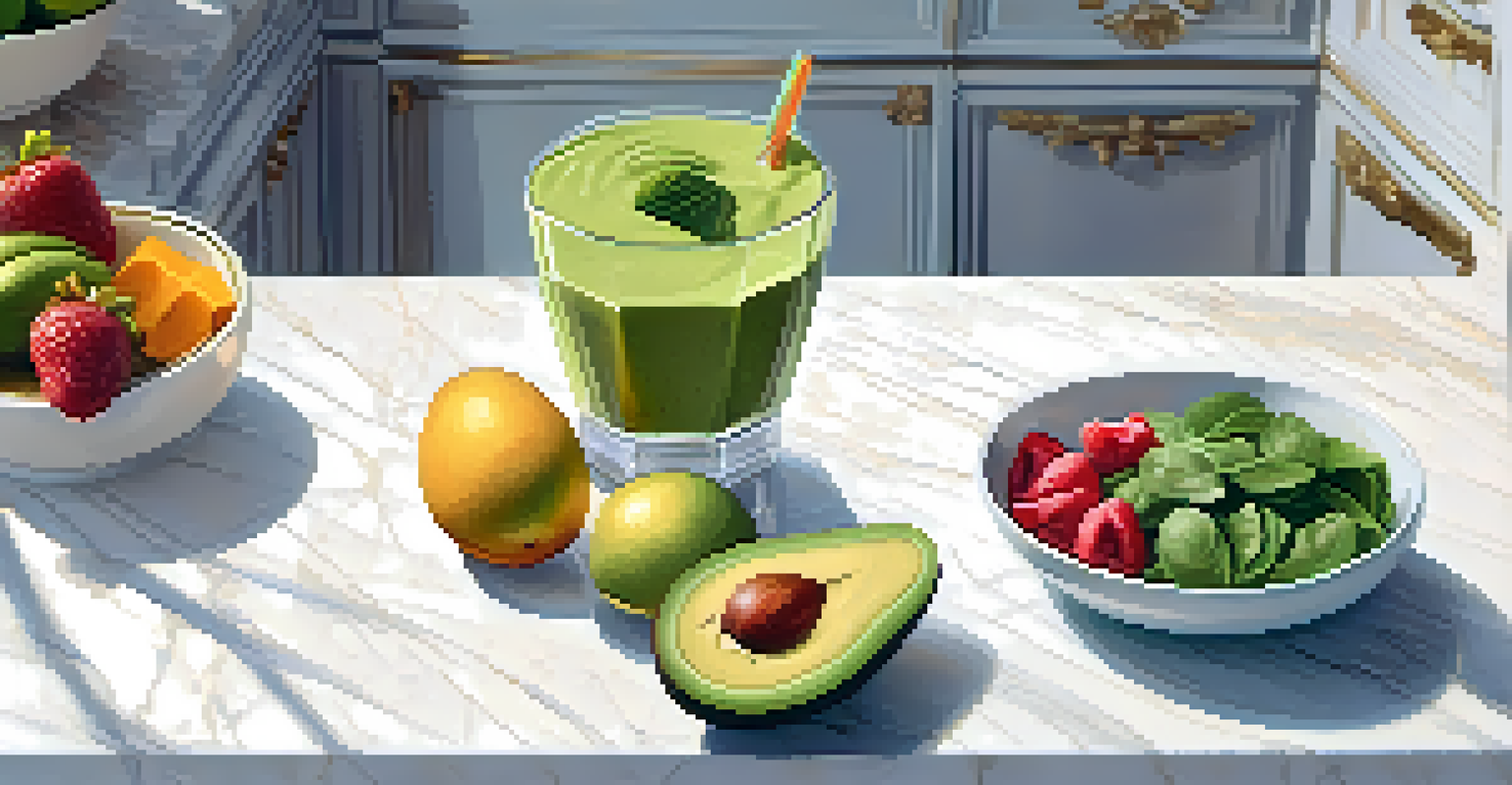 An overhead shot of a smoothie preparation with fresh ingredients like spinach and mango around a blender on a marble countertop.