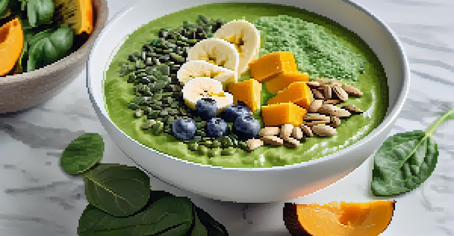 A green smoothie bowl made with spinach and avocado, topped with seeds, on a marble countertop surrounded by fresh produce.