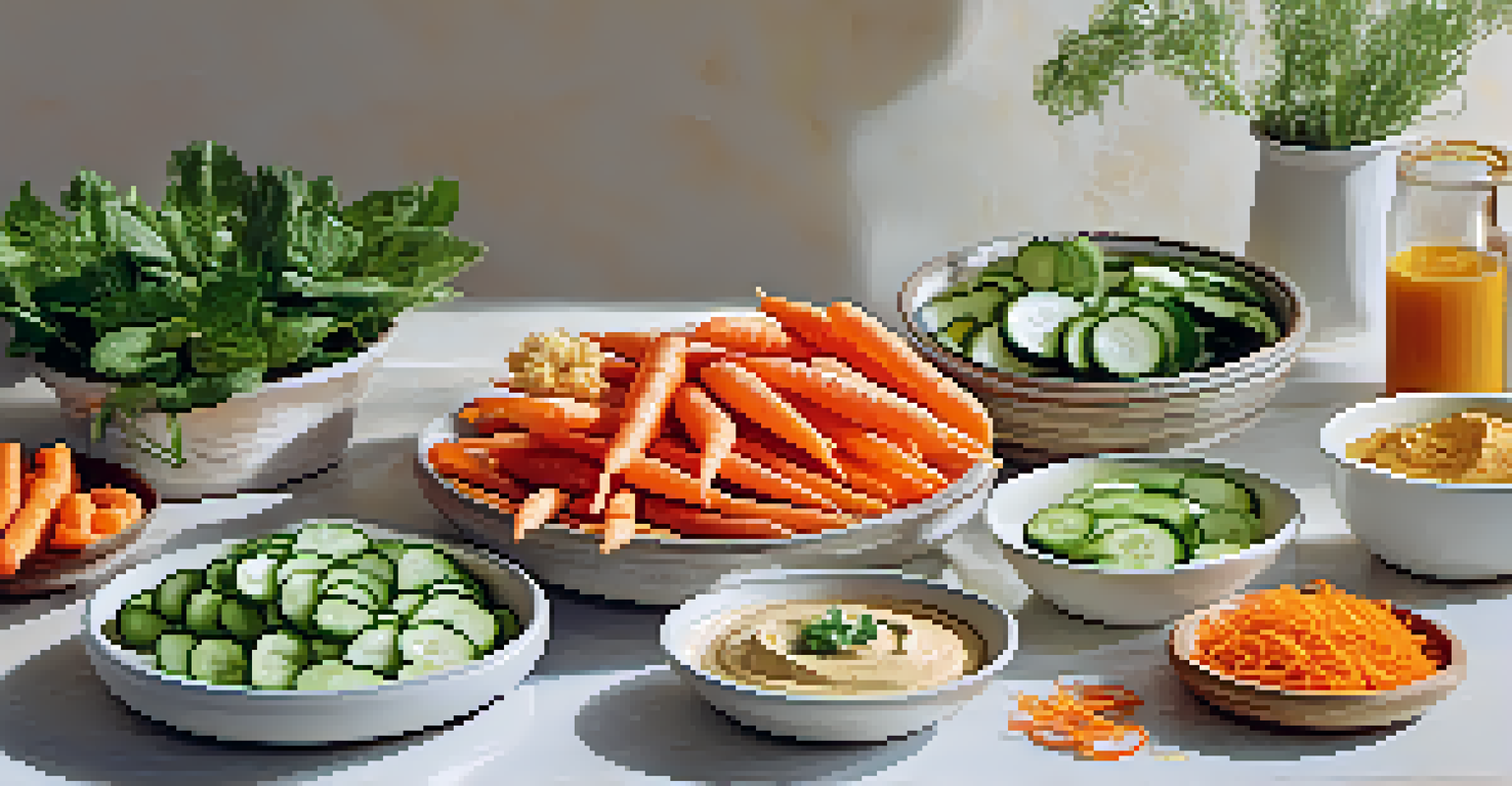 A platter of raw snacks including carrot sticks and hummus on a kitchen countertop with a herb plant in the background.