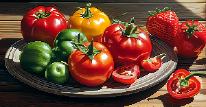 A colorful display of red fruits and vegetables on a wooden table, showcasing tomatoes, strawberries, and red bell peppers under soft sunlight.