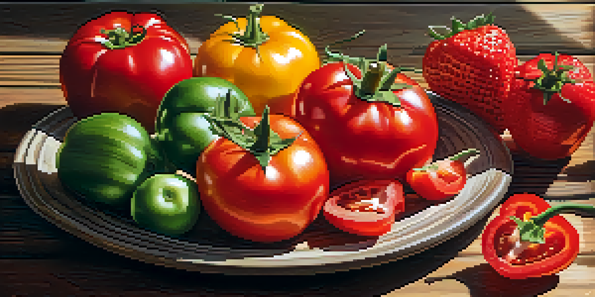 A colorful display of red fruits and vegetables on a wooden table, showcasing tomatoes, strawberries, and red bell peppers under soft sunlight.