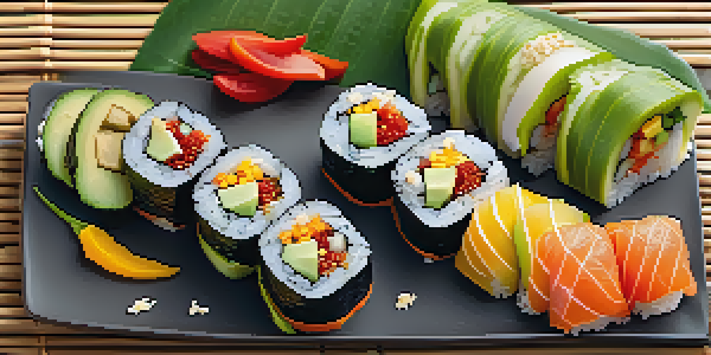 A colorful platter of various raw food sushi rolls, including avocado, cucumber, cauliflower, and mango, beautifully arranged on a bamboo mat.