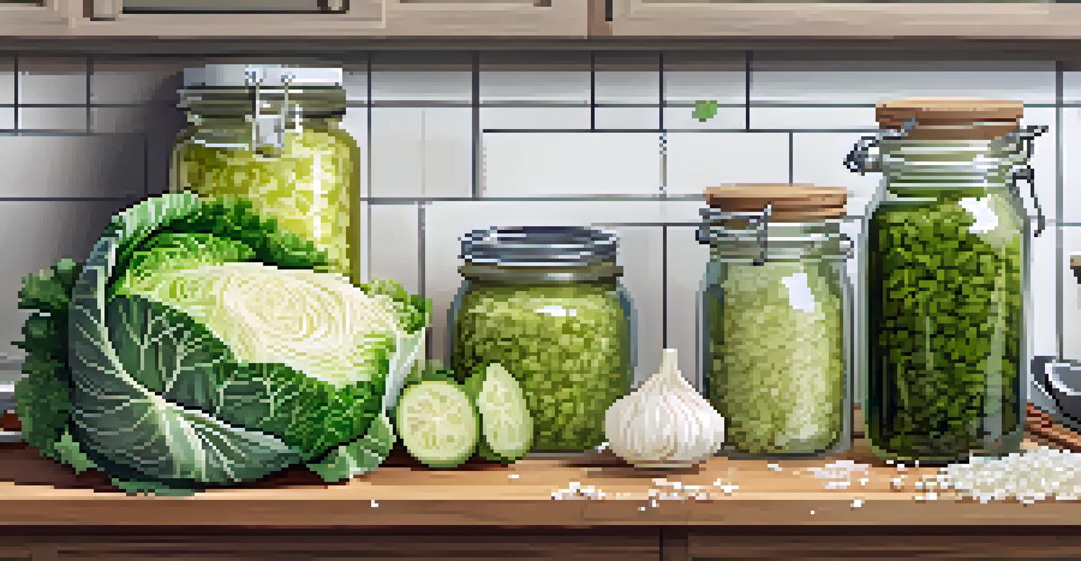 An overhead view of a kitchen counter showing cabbage, salt, and a glass jar, with a cozy kitchen background.
