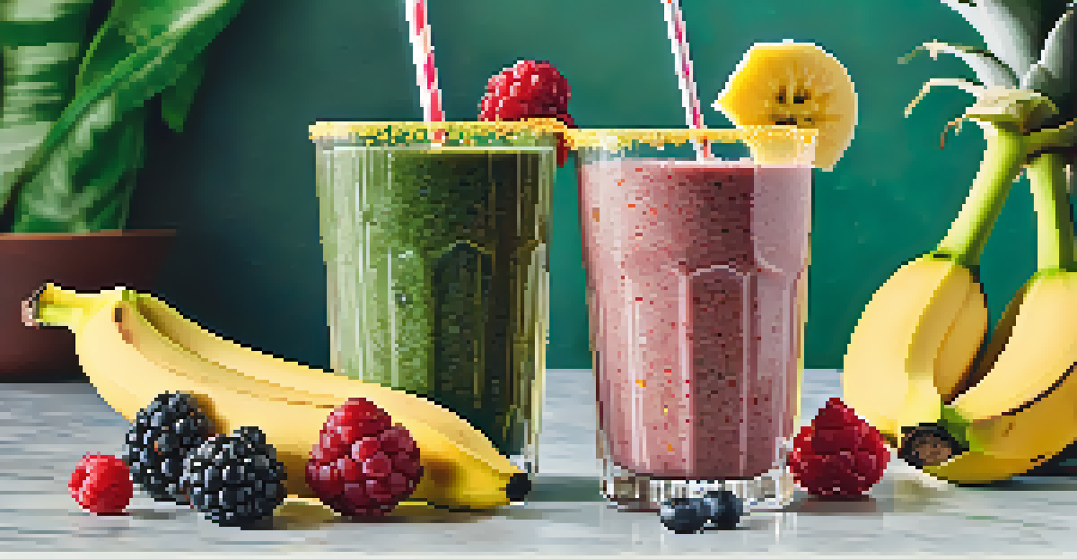 A green smoothie in a clear glass with banana and berries, topped with chia seeds, placed on a marble countertop.