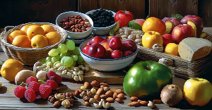A colorful display of fresh fruits, vegetables, nuts, and seeds on a wooden table, illuminated by soft natural sunlight.