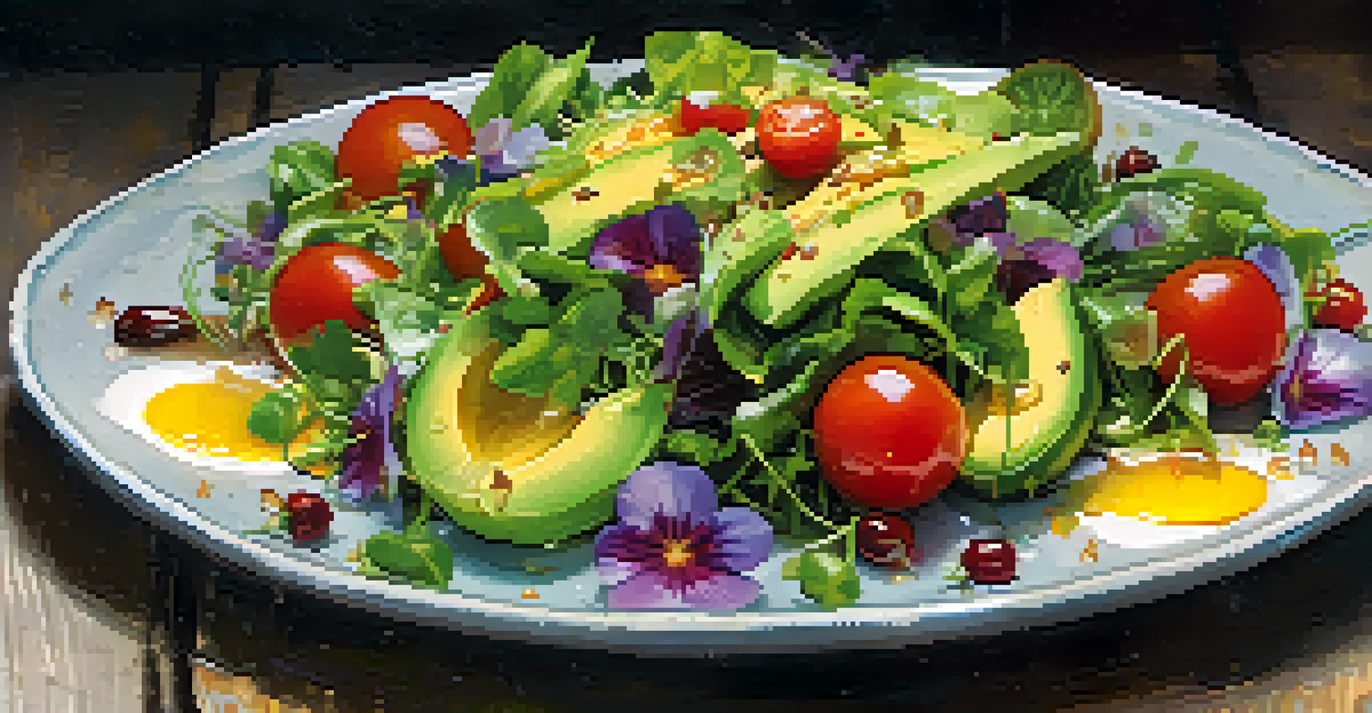 A close-up of a colorful raw food salad, artfully plated with various vegetables and garnishes on a rustic plate.