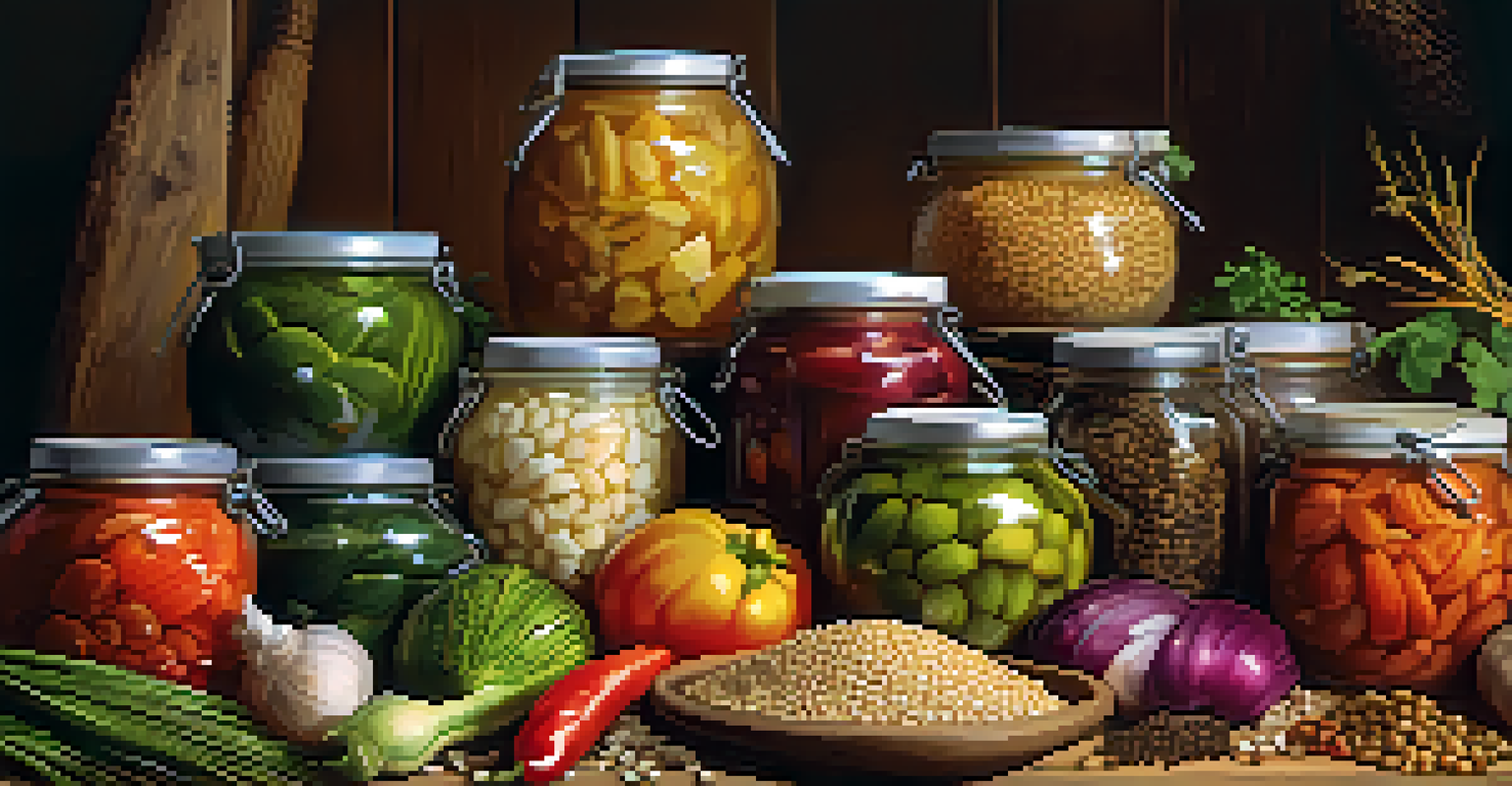 A rustic wooden table displaying jars of colorful fermented foods like vegetables and grains, surrounded by herbs and spices, illuminated by soft, warm lighting.