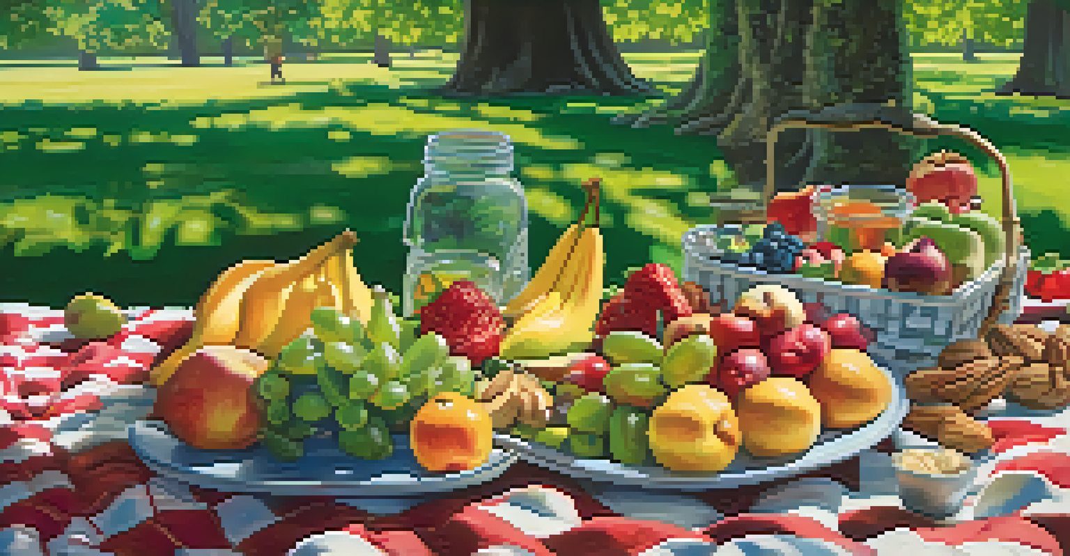 An outdoor picnic scene with a variety of raw foods on a blanket in a green park, promoting mindful eating.