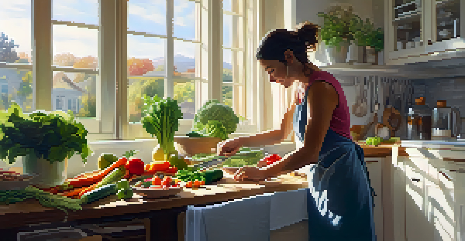 A person preparing raw food in a bright kitchen, chopping vegetables with a bowl of zoodles in front.