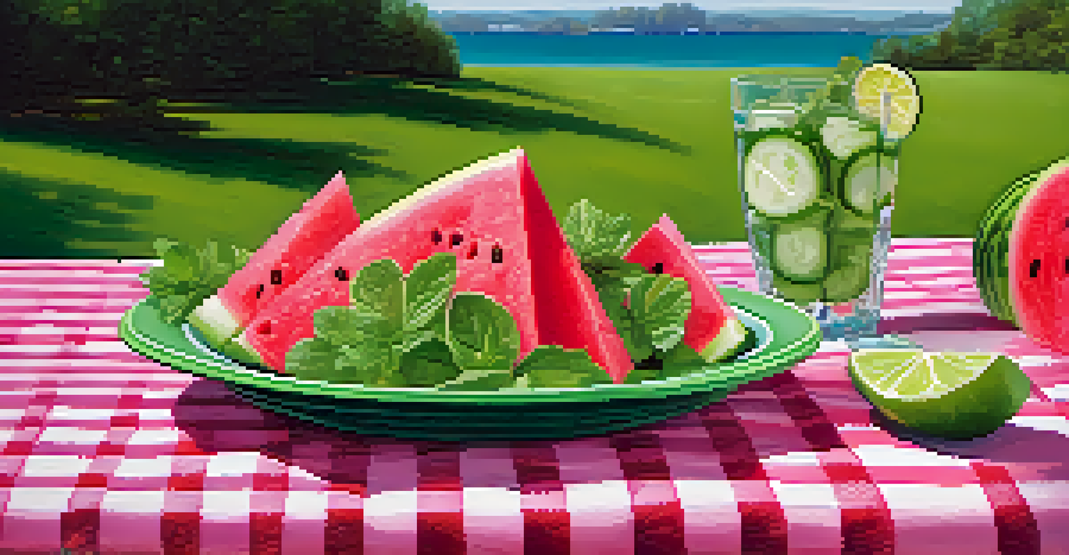 A colorful salad of diced watermelon and cucumber with mint, displayed on a picnic blanket outdoors.