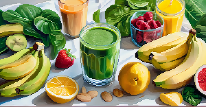 A bright breakfast table with a green smoothie, bananas, and spinach, illuminated by natural light.