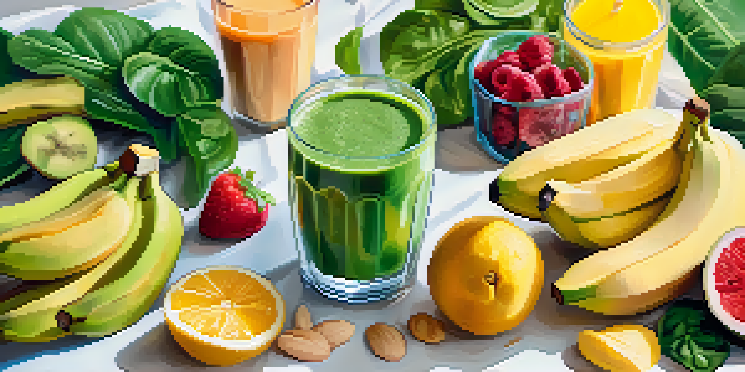 A bright breakfast table with a green smoothie, bananas, and spinach, illuminated by natural light.