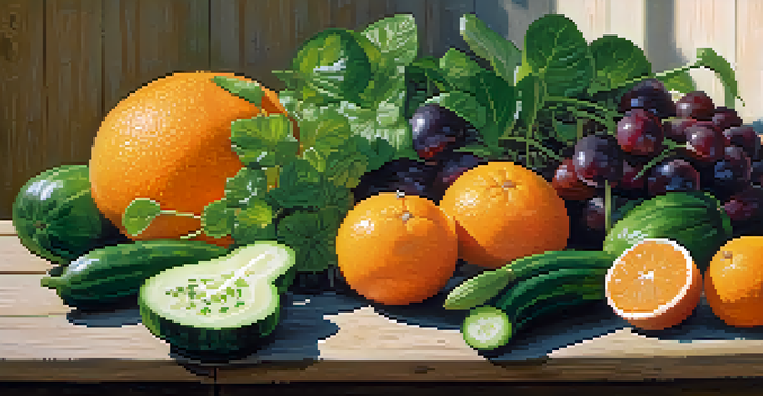 A colorful display of fresh raw fruits and vegetables on a wooden table, illuminated by sunlight filtering through leaves.