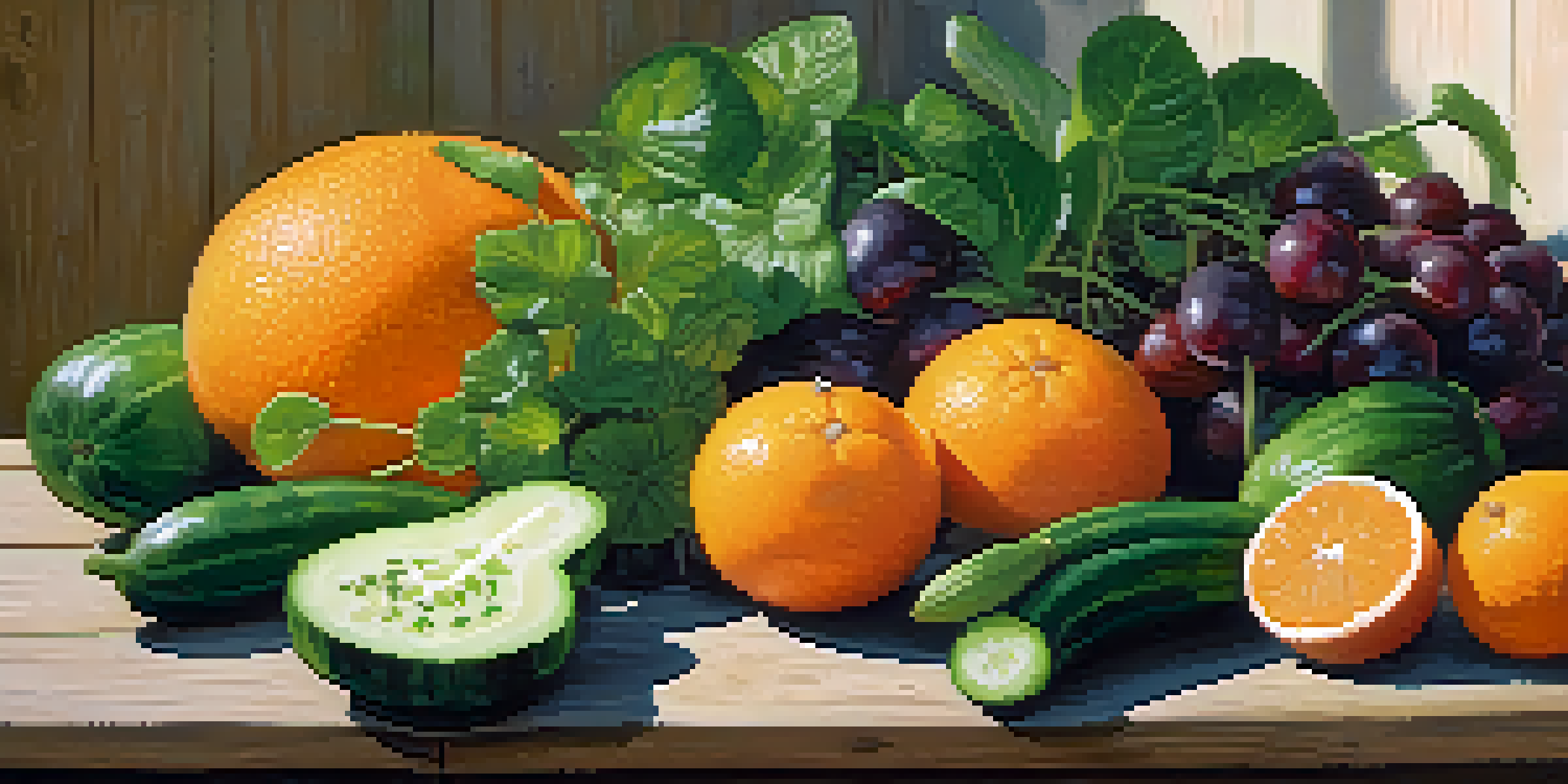 A colorful display of fresh raw fruits and vegetables on a wooden table, illuminated by sunlight filtering through leaves.