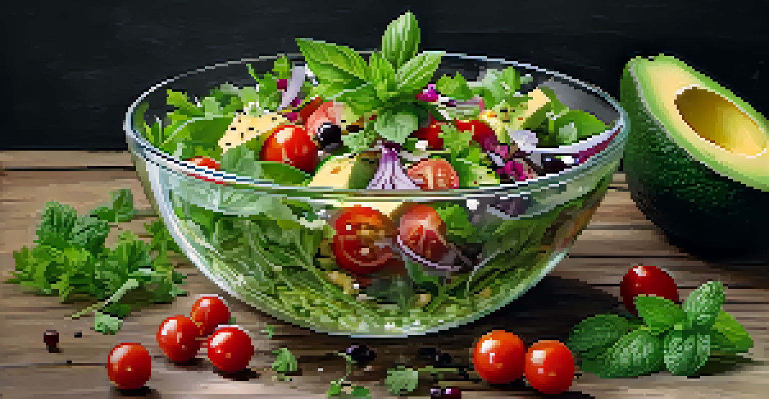 A colorful raw food salad in a glass bowl with greens, avocado, tomatoes, and edible flowers on a rustic wooden surface.