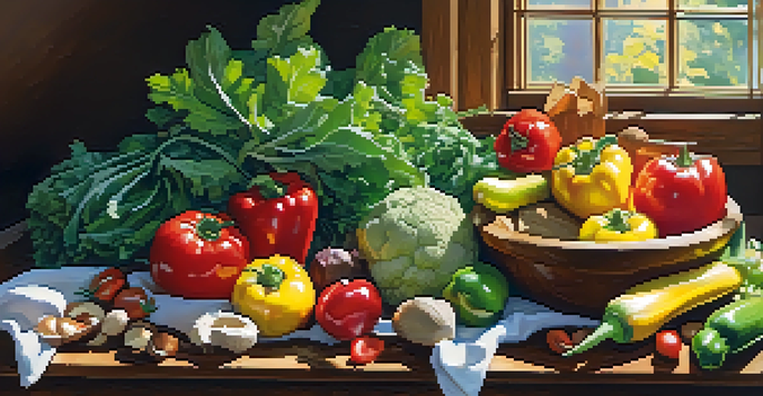 A bright kitchen filled with fresh vegetables and fruits on a wooden countertop, illuminated by sunlight.