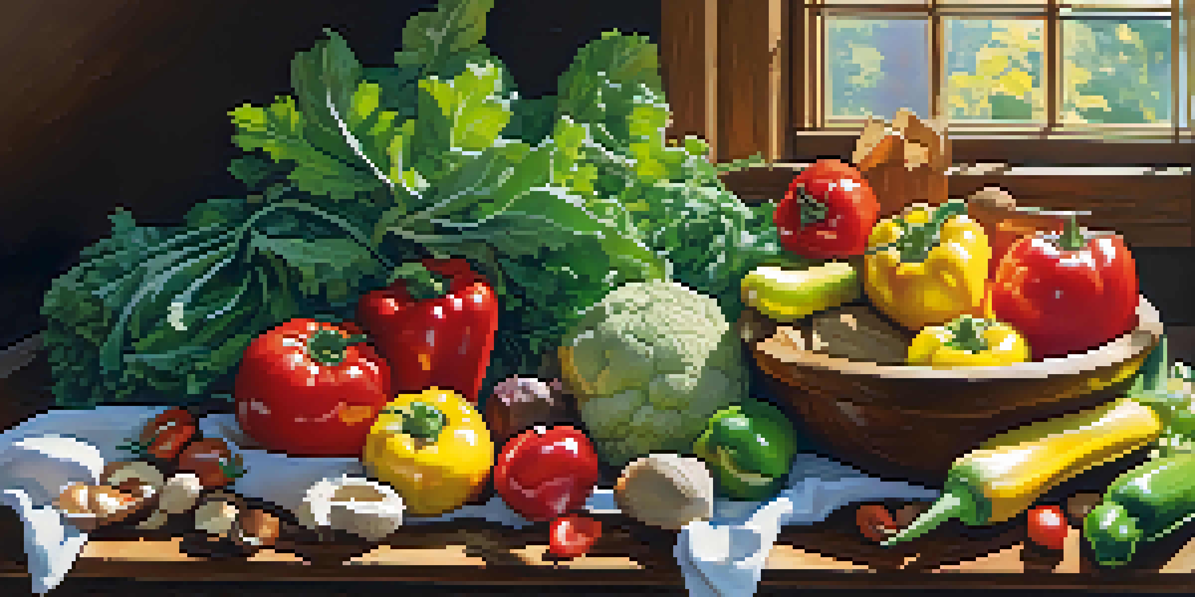 A bright kitchen filled with fresh vegetables and fruits on a wooden countertop, illuminated by sunlight.