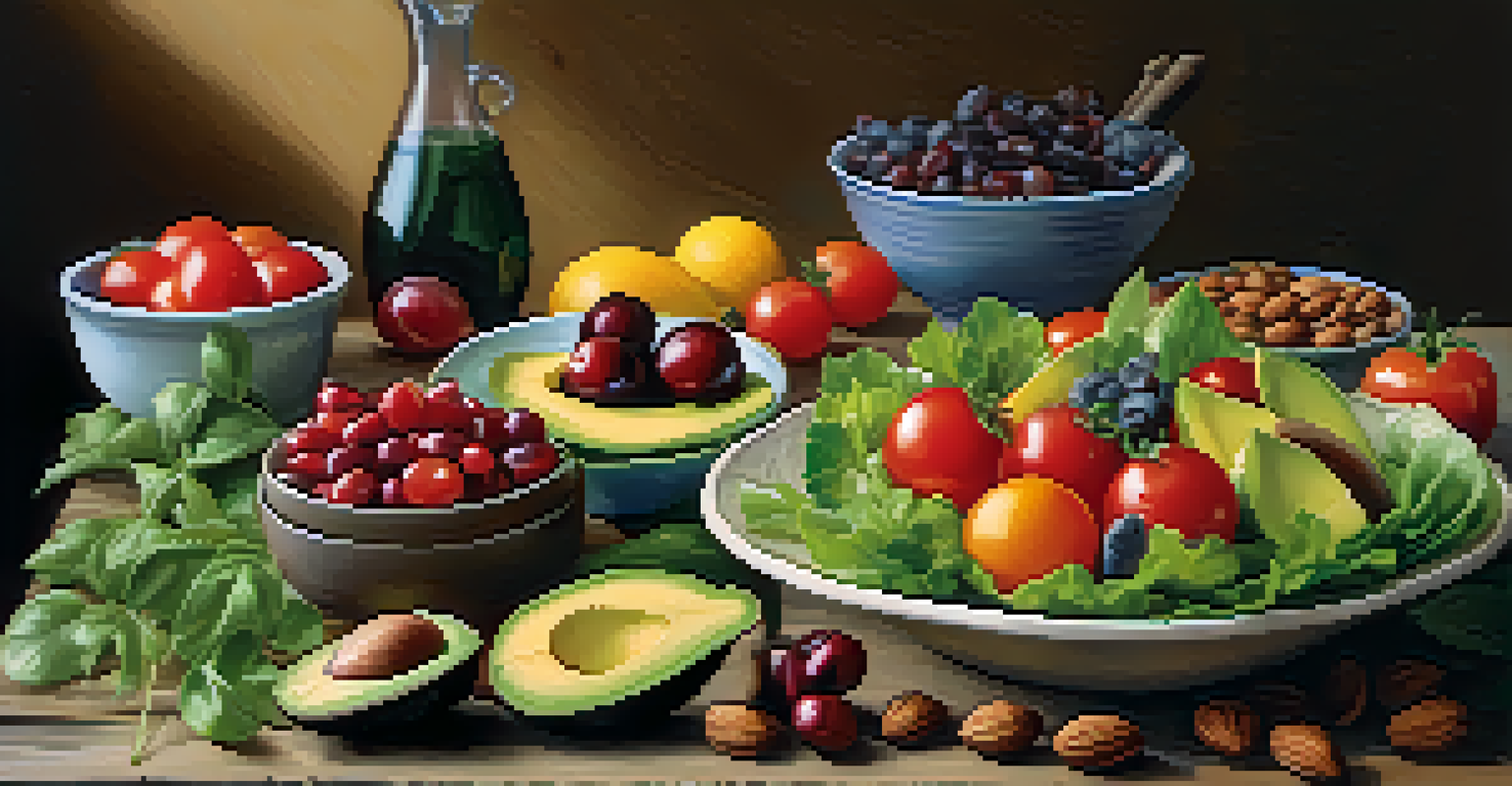 A table filled with a colorful raw food spread, including a salad, raw nuts, and fresh fruits, all presented on a rustic wooden table with soft lighting.