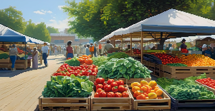A lively market display with fresh vegetables including leafy greens, bell peppers, and tomatoes under warm sunlight.