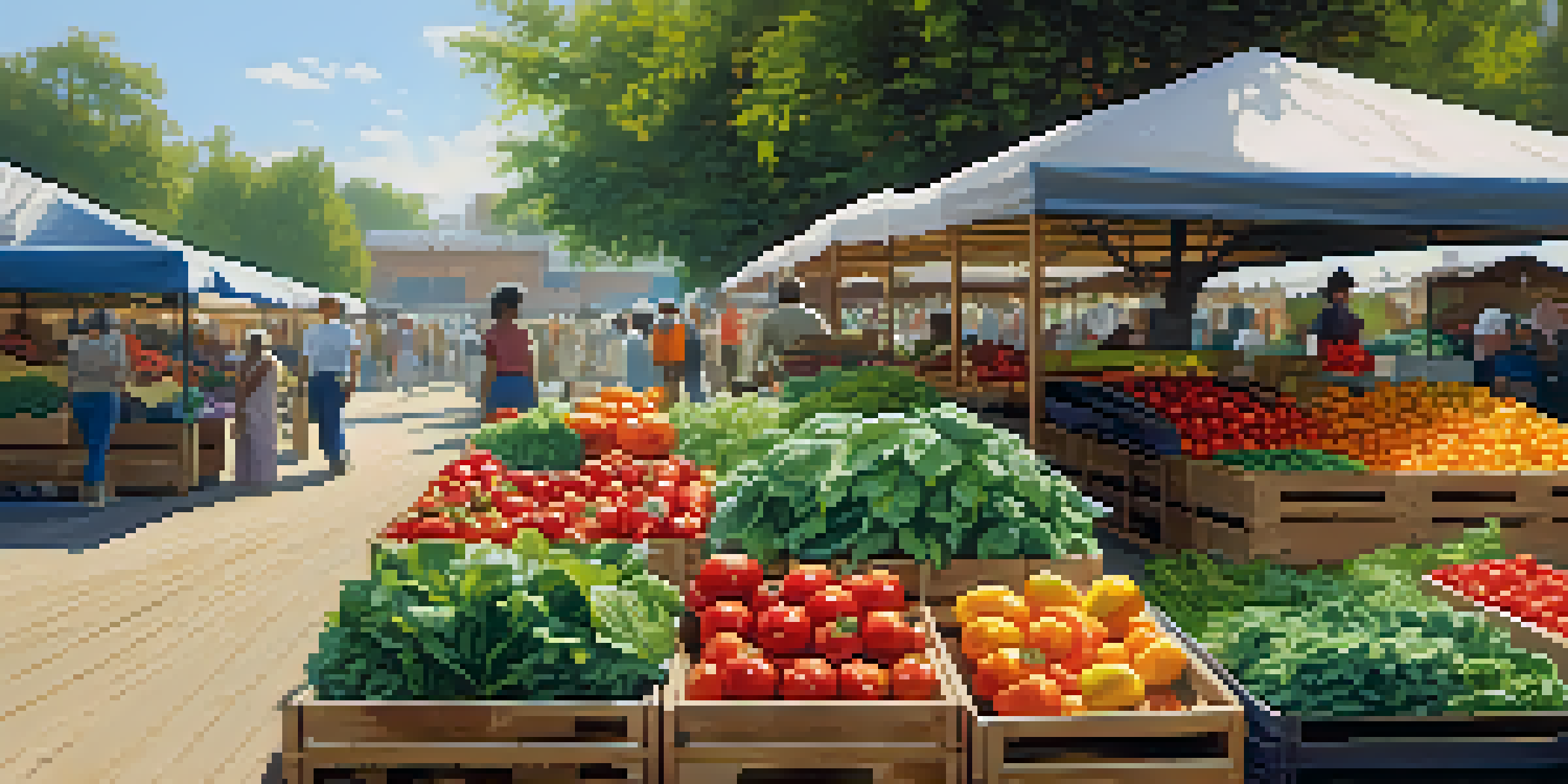 A lively market display with fresh vegetables including leafy greens, bell peppers, and tomatoes under warm sunlight.