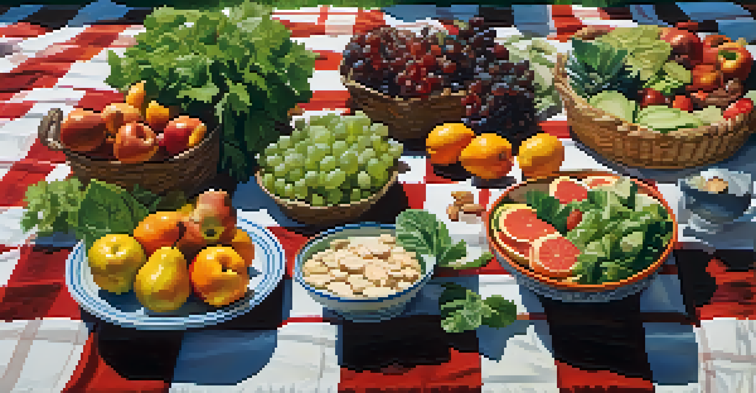 A picturesque outdoor picnic setting with a variety of raw food dishes arranged on a blanket among greenery.