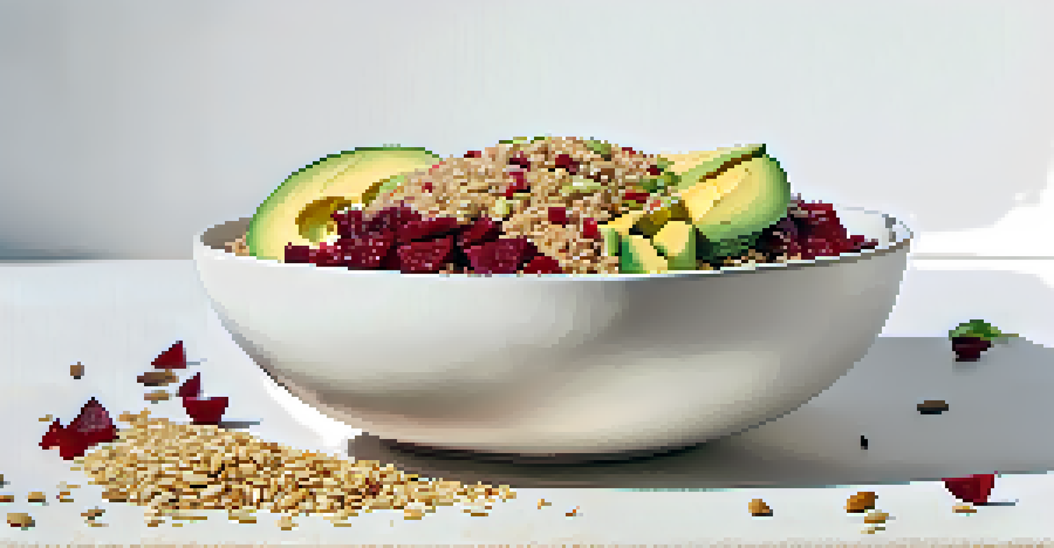 A close-up view of a colorful raw grain bowl filled with quinoa, beets, tomatoes, and avocado on a white backdrop.