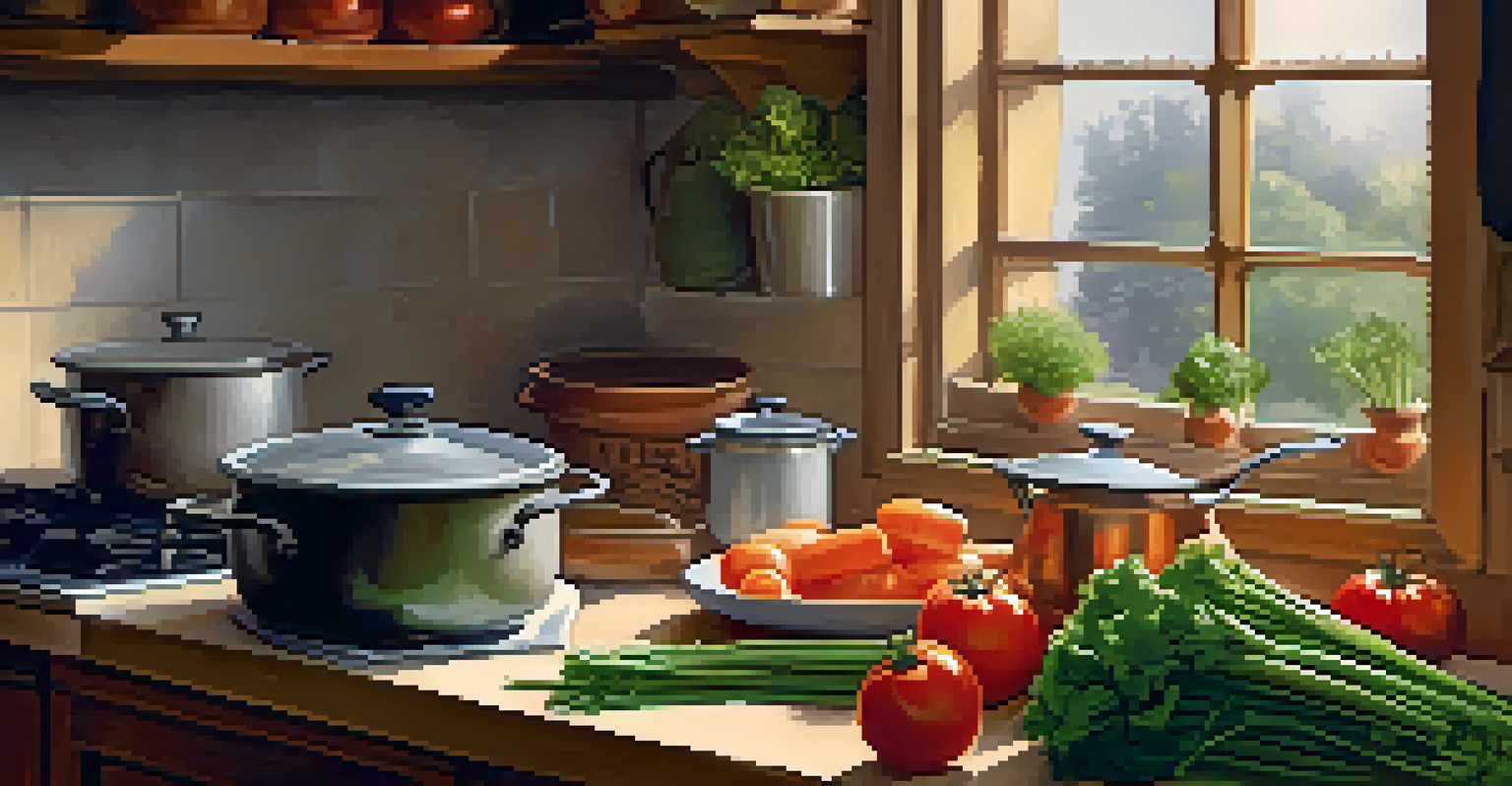 A kitchen with a pot of vegetable soup on the stove and chopped vegetables on a cutting board, illuminated by warm lighting.