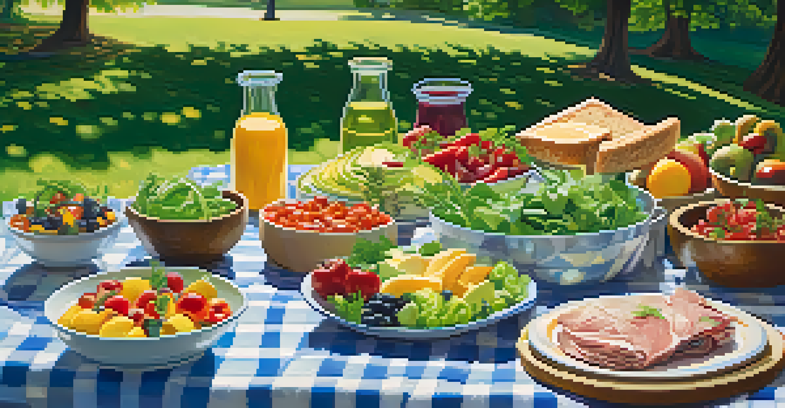 An outdoor picnic with raw food dishes on a blanket in a park, surrounded by greenery and sunlight.