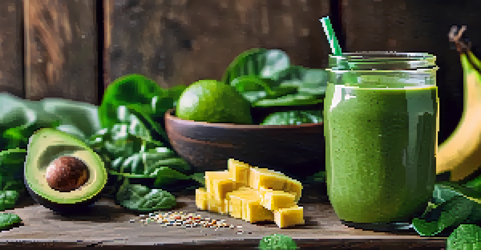 A close-up of a green smoothie in a glass, with Rhodiola powder on top and fresh ingredients around it.